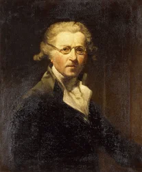 Portret van de kunstenaar, halflang, in een olijfgroene jas, met een bril