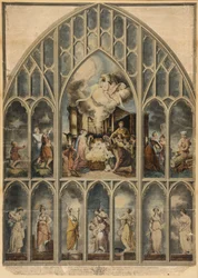 Het Reynolds-raam dat de zeven deugden afbeeldt
