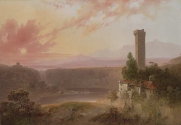 Uitzicht op het Meer van Nemi bij Zonsondergang, c.1840-50