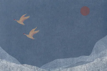 Kraanvogels boven besneeuwde pieken