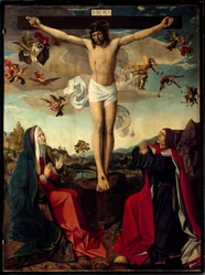 Calvarie. Kruisiging met de Maagd Maria en de heilige Johannes aan de voet van het kruis. Opschrift 