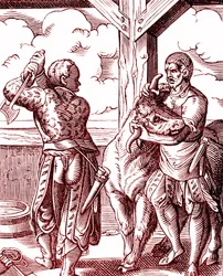 Een slager - Voedsel en koken in de Middeleeuwen. Gravure door Jost Amman (1539-1591). Gravure 1878