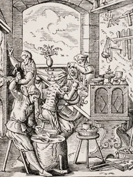 Goudsmid, reproductie van 16e-eeuwse houtsnede door Jost Amman