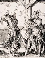 De slager en zijn assistent, reproductie van een 16e-eeuwse gravure door Jost Amman uit 