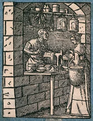 Een lantaarnmaker werkt aan zijn werkbank en praat met een vrouwelijke klant die een afgewerkte lantaarn bekijkt. Houtsnede van J. Amman.