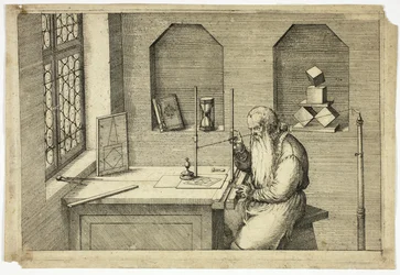 Portret van Wenzel Jamnitzer in zijn studeerkamer