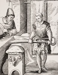 Textielwerker, reproductie van 16e-eeuwse houtsnede, 19e eeuw