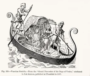 Venetiaanse gondel, uit de Grote Processie van de Doge van Venetië, illustratie uit Wetenschap en Literatuur in de Middeleeuwen en de Renaissance, geschreven en gegraveerd door Paul Lacroix