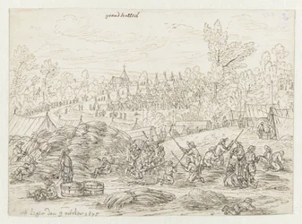 Gezicht op een kampement van het leger van Willem III bij Grand-Hallet, Luik
