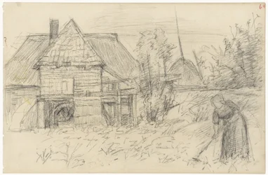 Watermolen met harkende vrouw