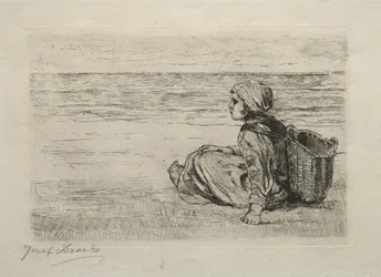 Meisje met mand zittend aan de kust