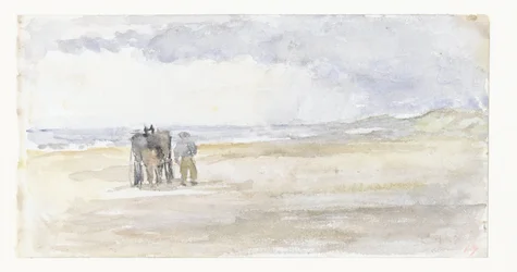 Man met paard en wagen op het strand