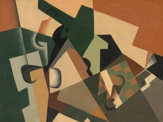 Glas en dambord, c.1917 (olieverf op hout)