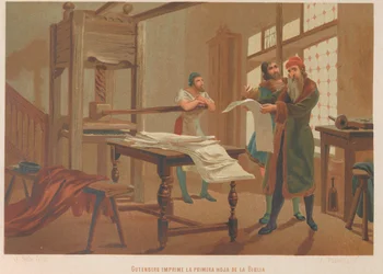 Gutenberg drukt de eerste pagina van de Bijbel. Uit: La ciencia y sus hombres