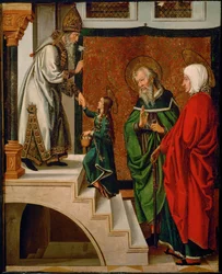 De presentatie van de maagd in de tempel (schilderij op hout)