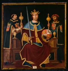 Sint Ferdinand op de troon met twee hovelingen