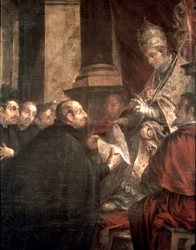 St. Ignatius ontvangt de pauselijke bul van de oprichting van de Sociëteit van Jezus (Jezuïeten) van paus Paulus III