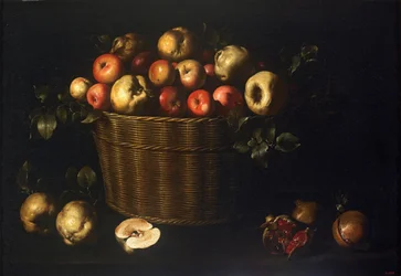 Mand met appels, kweeperen en granaatappels