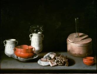 Stilleven met gerechten en zoetigheden