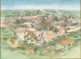 Reconstructie van Carn Euny (aquarel op papier)