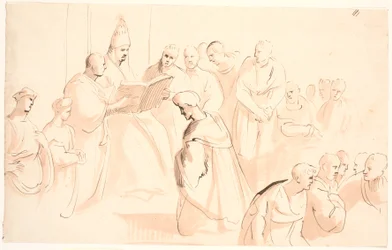 Figurencompositie rond een tronende, lezende paus