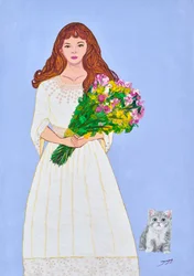 Meisje met bloemen en een katje