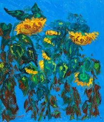 Geschilderde zonnebloemen en een blauwe lucht
