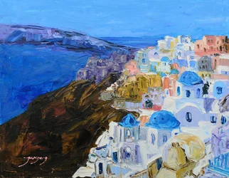 De blauwe koepels van Santorini