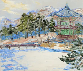Het besneeuwde Koreaanse paviljoen