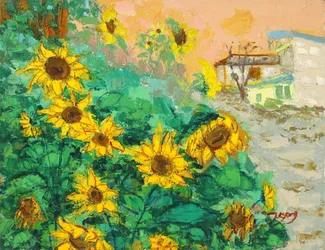 Zonnebloemen en de stad