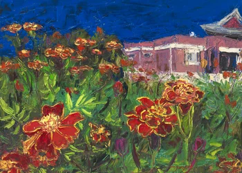 Goudsbloemen in de tempeltuin