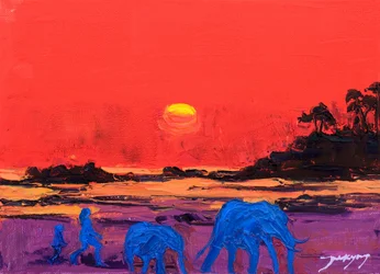 Levendige olifanten bij zonsondergang