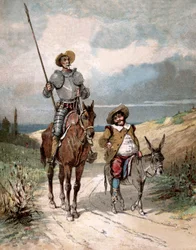 Don Quichot en Sancho Panza, illustratie uit het boek van Miguel de Cervantes „Histoire de Don Quichotte”, gravure naar Jules David
