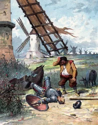 Don Quichot heeft tegen windmolens gevochten en is van zijn paard gevallen, Sancho Panza kijkt naar zijn meester, illustratie bij het boek van Miguel de Cervantes „Histoire de Don Quichotte“, gravure naar Jules David