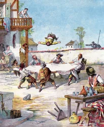 In herberg, Sancho Panza wordt mishandeld, hij roept zijn meester Don Quichot om hem te helpen, illustratie van boek door Miguel de Cervantes "Histoire de Don Quichotte", gravure naar Jules David