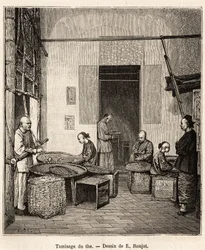 Het zeven van het buskruit, om de korrels te sorteren op grootte en kwaliteit voor de laatste droging die hen hun geur geeft, in een buskruitfabriek in Fati Bay (Canton Provincie), gravure naar een tekening van J. Ferat ter illustratie van de reis naar Chi