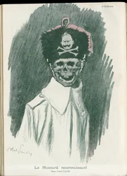 Illustratie door Abel Faivre (1867-1945) in Fantasio, 01/05/15 - De dankbare Hussard - Oorlog van 14-18, Duitsland Pruisen - Willem II, Reaper/Kameraad - Dood, Lachende gezichten