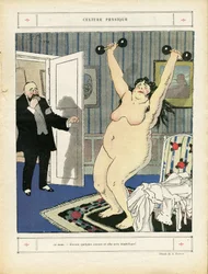 Illustratie van Abel Faivre in Le Rire, 03/05/13 - Fysieke cultuur - Sport, Obesitas, Naaktheid - Vrouwen