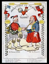 De Entente Cordiale tussen Frankrijk en Groot-Brittannië: karikaturen van president Loubet (1838-1929) en koning Eduard VII (1841-1910), illustratie uit “Le Rire”, 1903