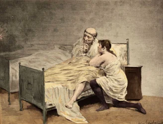 Een jong meisje biechtend bij broeder Royddimet, zittend in haar bed. Pantagruel. Illustratie door Jules Garnier. In "Rabelais et l