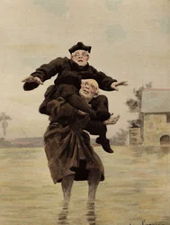 Broeder Adam Couscoil draagt broeder Ian (Jan) Dodin op zijn schouder. Pantagruel. Illustratie door Jules Garnier. In "Rabelais et l