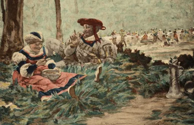 Grootbuikdoorn, de vader van Gargantua, en Gargamelle, de zwangere van Gargantua, eten ingewanden. Gargantua. illustratie door Jules Garnier. In "Rabelais et l