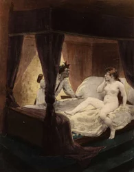 Grote Thibeault verbergt een hamer achter zijn rug. Zijn vrouw ligt op het bed. Pantagruel. Illustratie door Jules Garnier. In "Rabelais et l