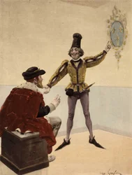 Koning van Engeland Edouart (Edward) V, op zijn toilet, kijkt naar het wapen van Frankrijk dat zijn dokter hem laat zien. Pantagruel. Illustratie door Jules Garnier. In "Rabelais et l