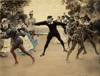 Mannen en vrouwen spelen een colin maillard. Gargantua. illustratie door Jules Garnier. In "Rabelais et l
