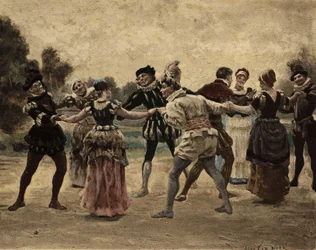 Mannen en vrouwen spelen furon. Gargantua. Illustratie door Jules Garnier. In "Rabelais et l