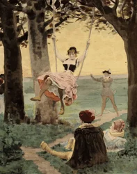 Mannen en vrouwen spelen de brandelle. Gargantua. Illustratie door Jules Garnier. In "Rabelais et l