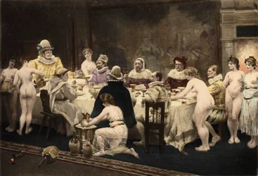 Pantagruel, Panurge, Frere Jean en Epistmon tijdens het diner georganiseerd door Homenas, eveque van Papimanes, inwoners van het eiland Papimania. Pantagruel. Illustratie door Jules Garnier. In "Rabelais et l