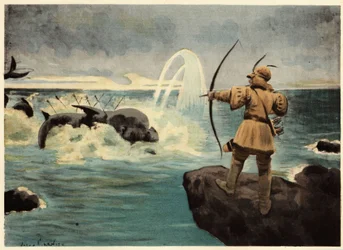 Pantagruel doodt het zeemonster Physetere met pijlen. Pantagruel. Illustratie door Jules Garnier. In "Rabelais et l