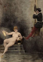 Panurge die afdaalt in de put of, volgens Heraclitus (Heraclitus), de waarheid gesymboliseerd wordt door een vrouw. Pantagruel. Illustratie door Jules Garnier. In "Rabelais et l